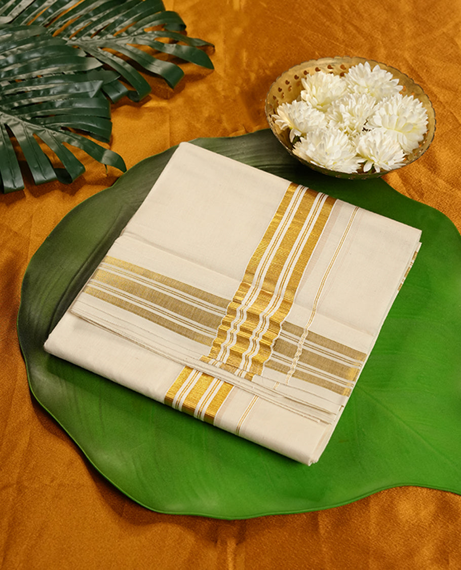 Cream Colour Pure Cotton double Dhoti with gold Colour Border for Men