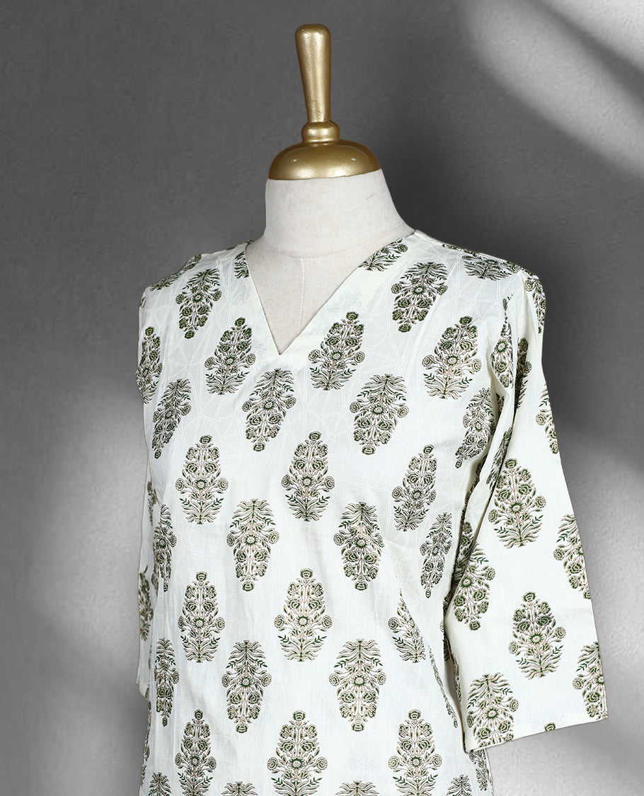 Off white colour cord set with green floral block print, featuring a V neck kurta with a straight silhouette and side slits, paired with matching wide leg pants.