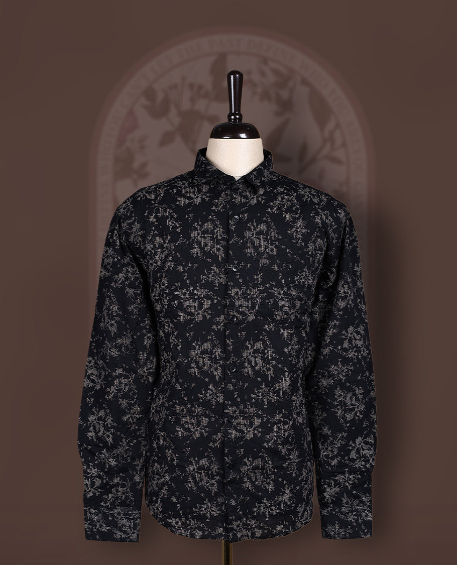 Black colour cotton long sleeve shirt featuring an all over delicate beige cotton print, Designed with a classic collar and button down front, it blends timeless elegance with everyday comfort.