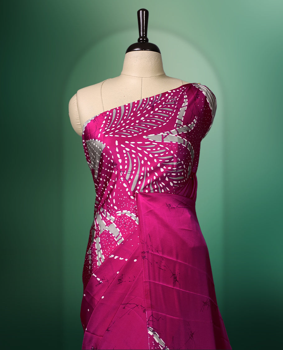 Pink and Off White colour semi modal saree featuring contemporary abstract and floral patterns highlighted with shimmering accents, complemented with a coordinated blouse