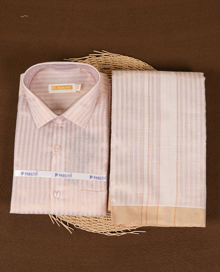 Copper color stripe shirt & dhoti set by PASUTHI with rich zari weave and elegant shin, Ideal for weddings, functions & festives.