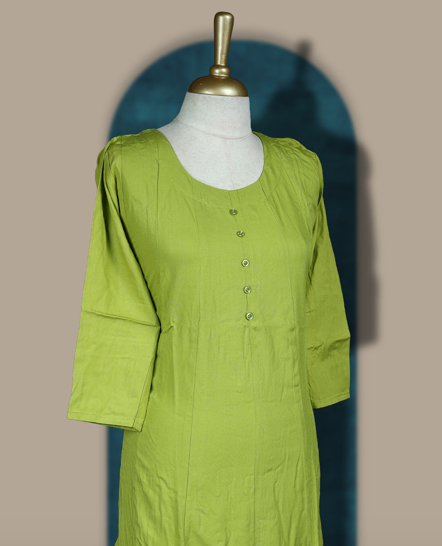 Parrot green colour cotton kurthi with front buttons, 3/4th sleeves, and a round neckline & Perfect for daily wear, office, or layering, Soft, breathable fabric ensures all-day comfort and ease.