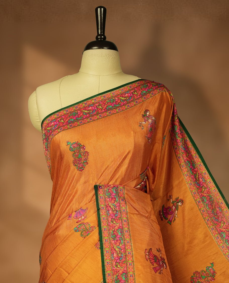 Orange Pashmina Silk Saree with Intricate Embroidered Buti Work on Body, Featuring Multicolor Dancer and Floral Motifs on Vibrant Pink-Green Zari Border & Grand Pallu, Paired with Matching Blouse Piece