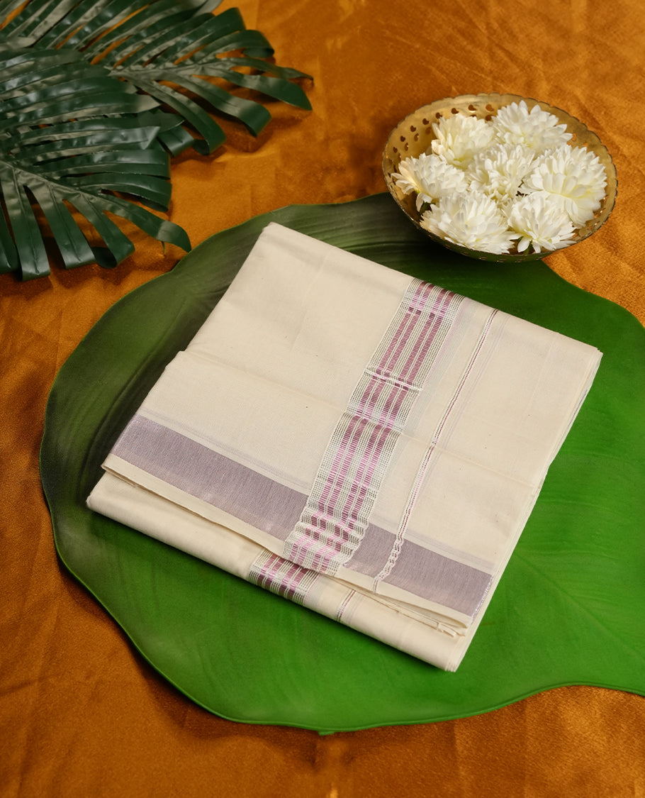 Cream Colour Pure Cotton double Dhoti with Rose gold and silver Colour Border for Men