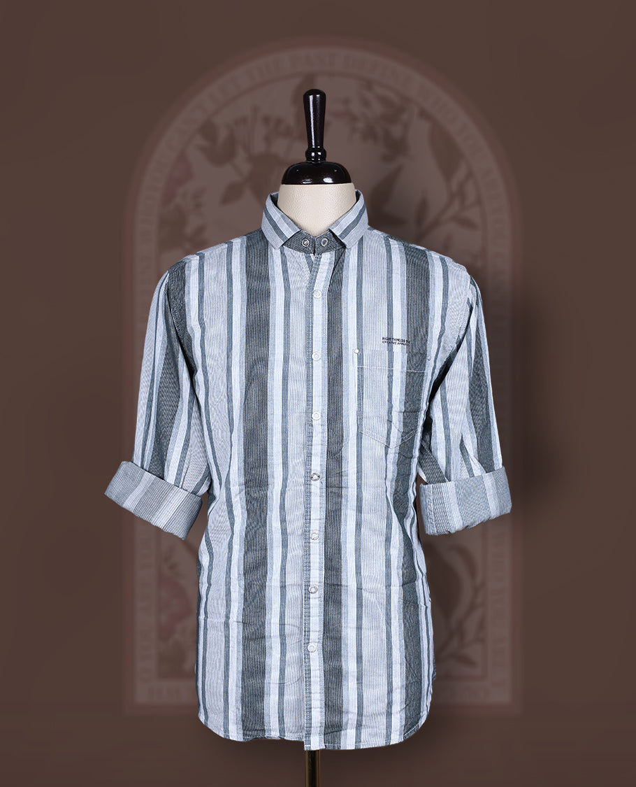 Pastel green and off white self striped shirt crafted from soft Katrai cotton , Designed with roll up sleeves and a classic collar, this breathable piece blends traditional texture with a relaxed, modern silhouette.