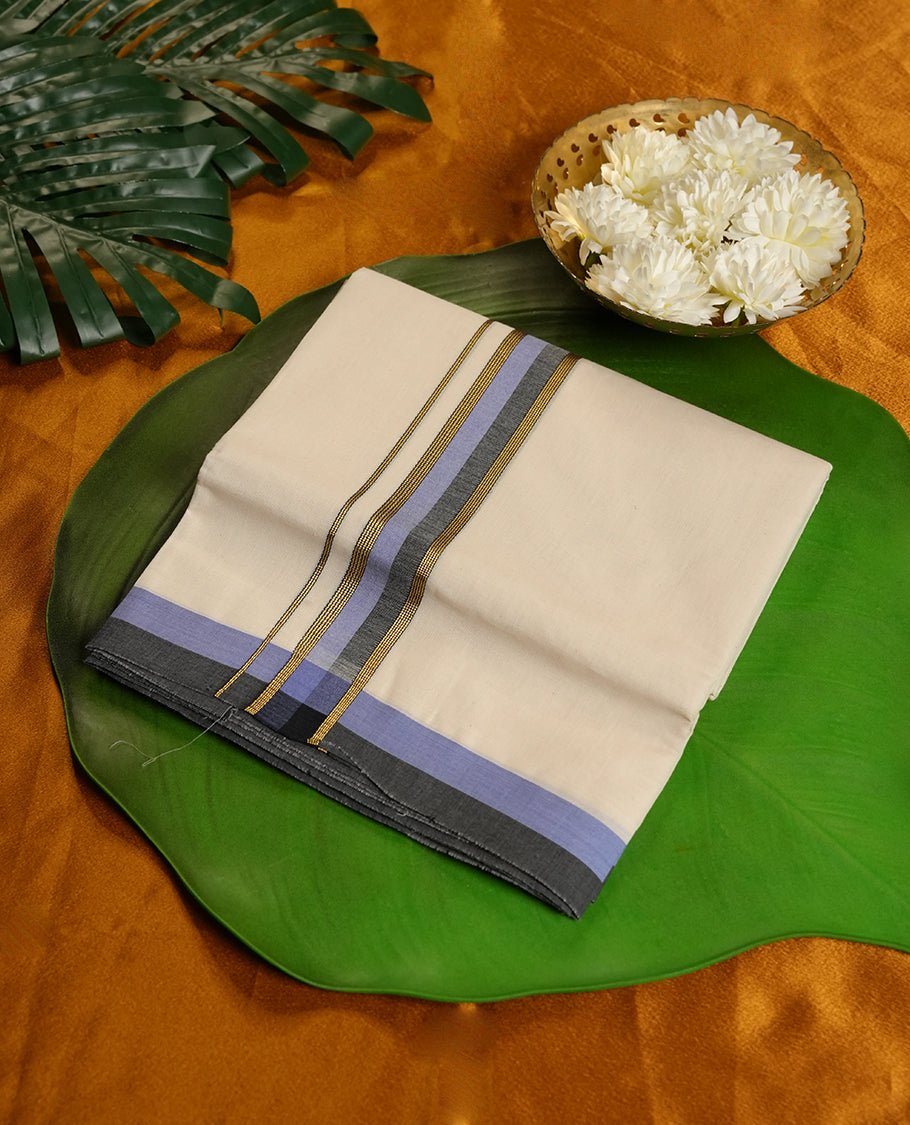 Cream Colour Pure Cotton double Dhoti with lavender & gray with gold Colour Border for Men