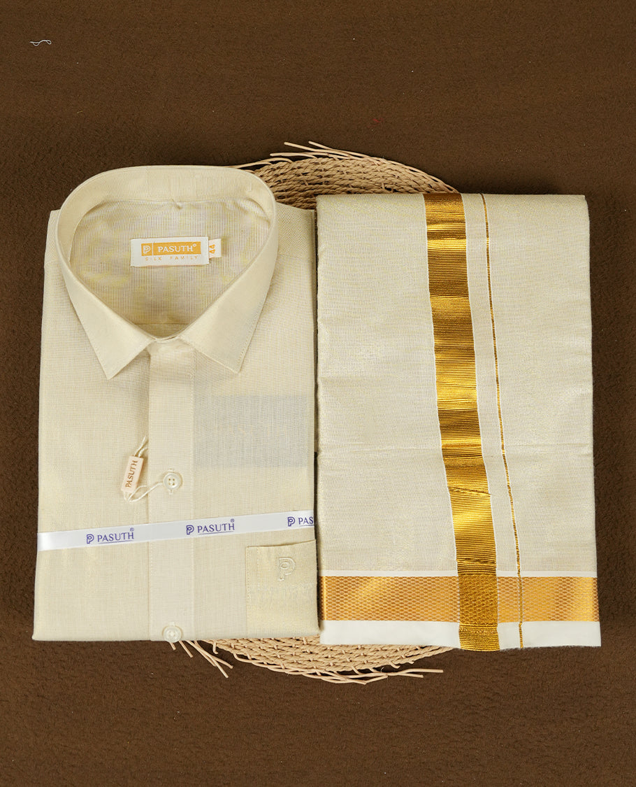 Gold color shirt & dhoti set by PASUTHI with rich zari weave and elegant shin, Ideal for weddings, functions & festives.