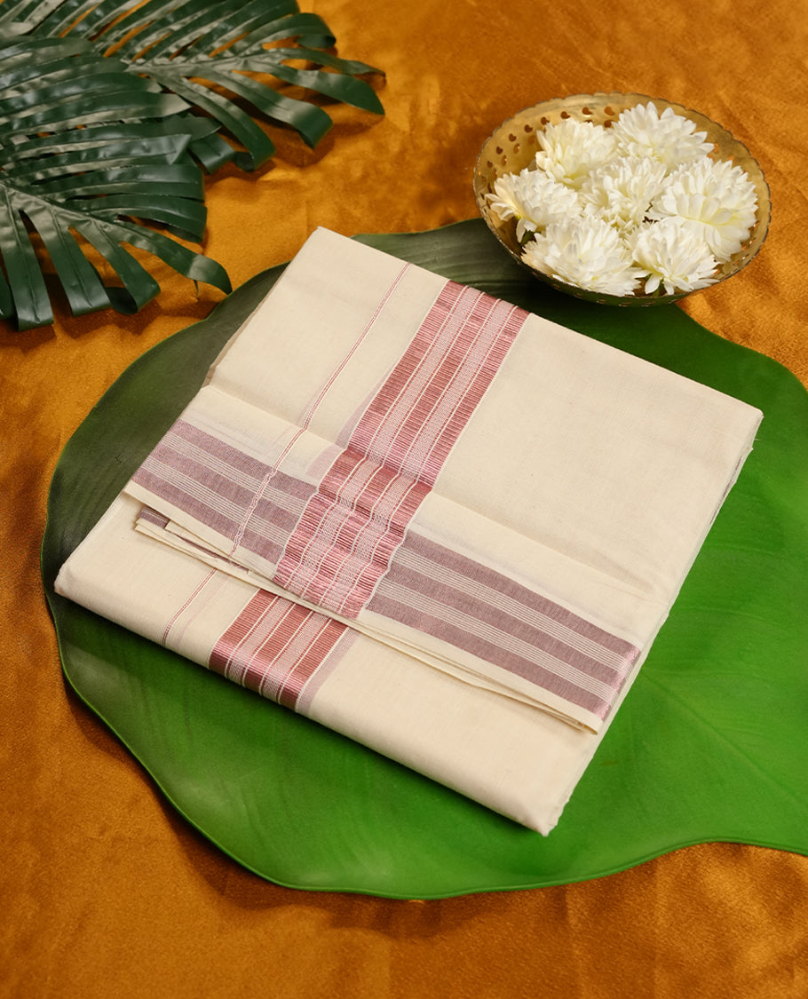 Cream Colour Pure Cotton double Dhoti with rose gold and white Colour Border for Men