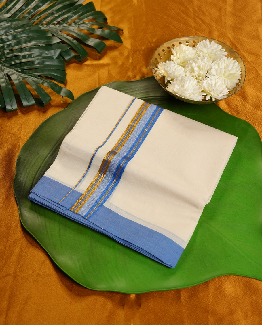 Cream Colour Pure Cotton double Dhoti with blue & gold Colour Border for Men