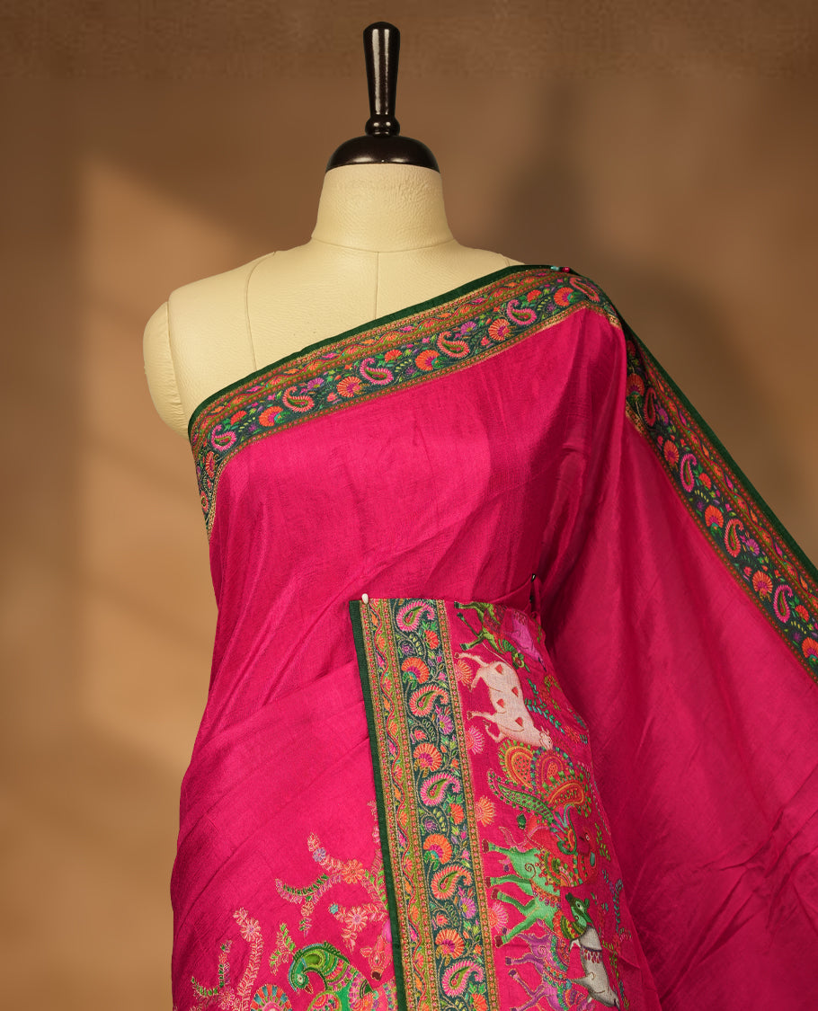 Rani Pink Pashmina Silk Saree with Plain Body, Rich Multicolor Embroidered Elephant and Paisley Motifs on Contrasting Green Zari Border & Pallu, Paired with Matching Blouse Piece