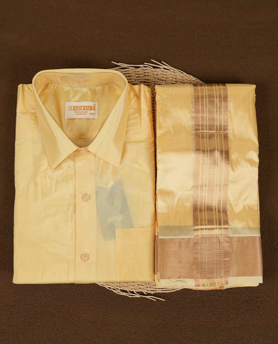 Champ colour Aswin’s wedding set featuring a refined silk shirt and matching dhoti with gold zari detailing, crafted for timeless elegance and perfect for traditional weddings and festive occasions.