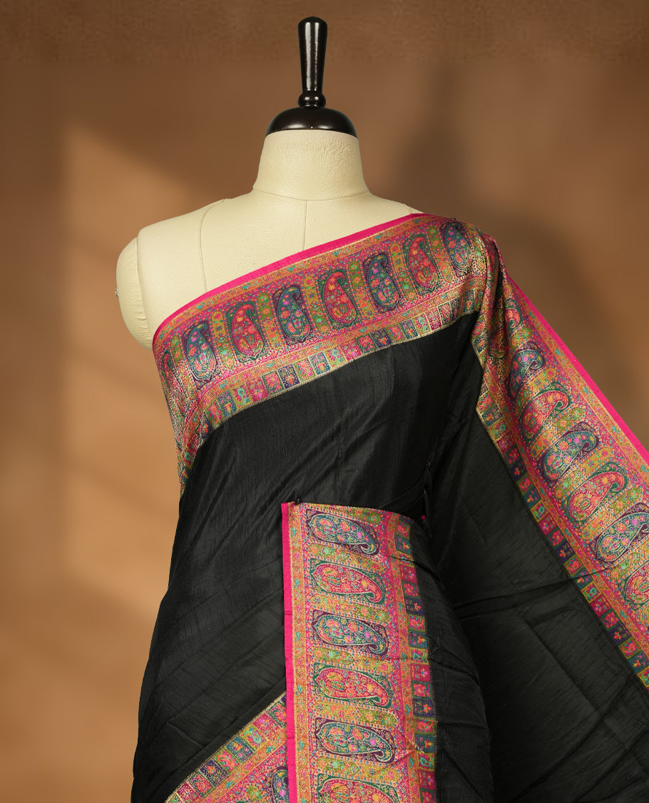 Black Pashmina Silk Saree with Plain Body, Adorned with Multicolor Paisley and Floral Motifs on Vibrant Pink-Green Zari Border & Grand Pallu, Paired with Matching Blouse Piece