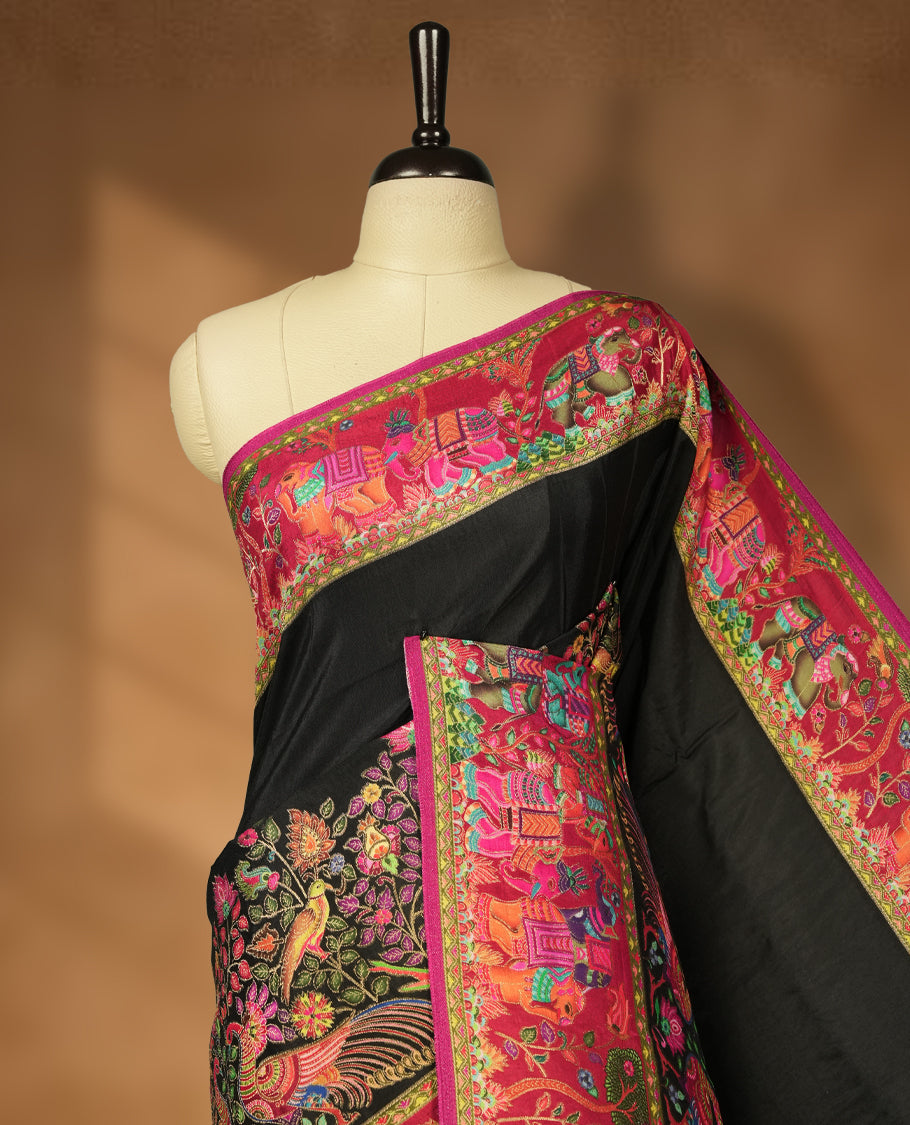 Black Pashmina Silk Saree with Plain Body, Rich Multicolor Embroidered Elephant, Peacock, and Procession Motifs on Vibrant Pink-Green Zari Border & Grand Pallu, Paired with Matching Blouse Piece
