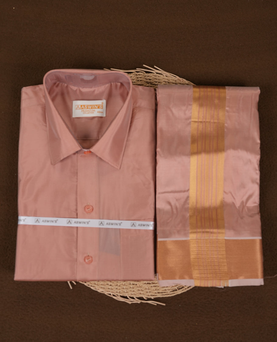 Champ colour Aswin’s wedding set featuring a refined silk shirt and matching dhoti with gold zari detailing, crafted for timeless elegance and perfect for traditional weddings and festive occasions.