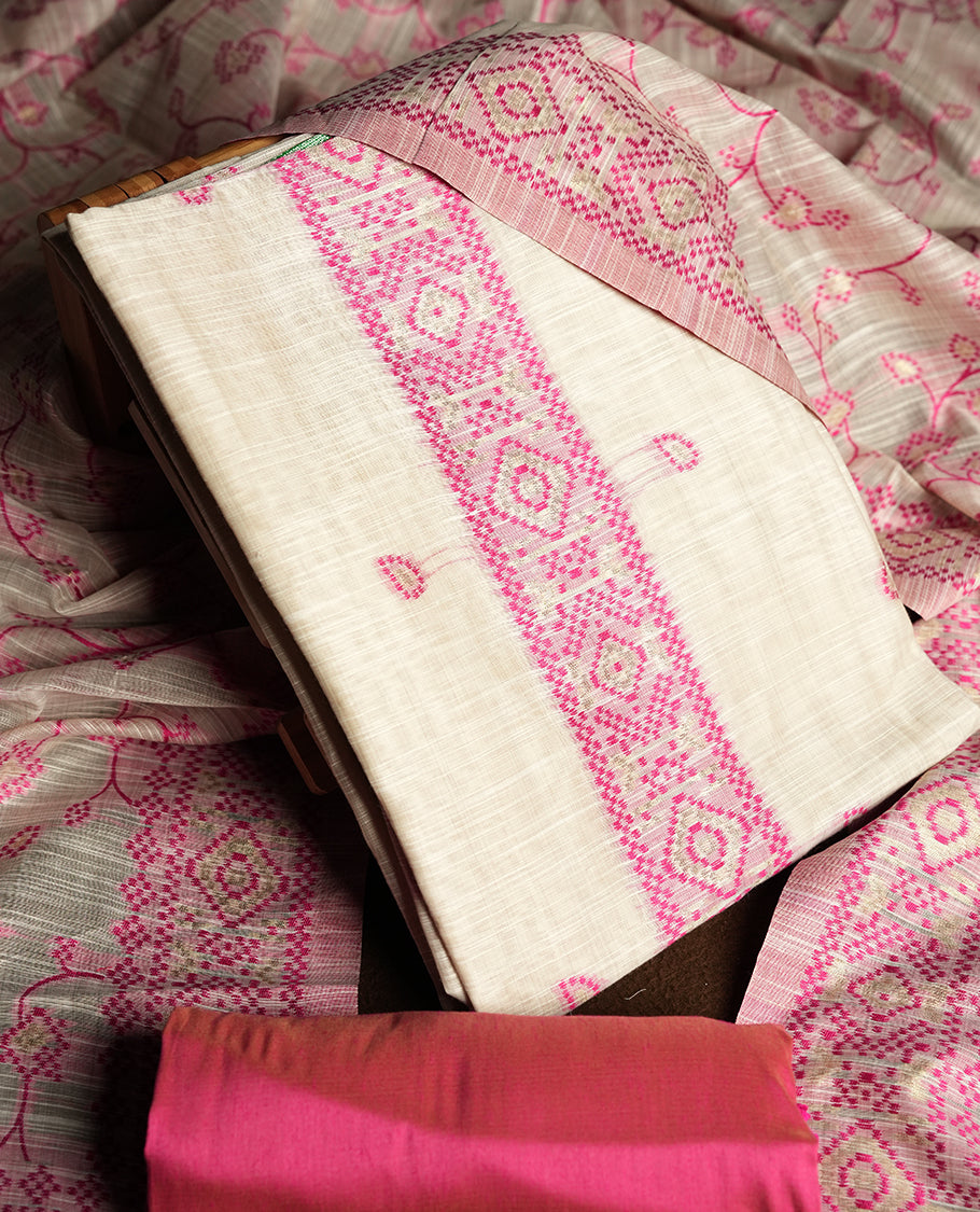 Cream colour churidhar material featuring Pink colour thread embroidery on the front panel, floral thread pattern dupatta with elegant border, and matching plain bottom.