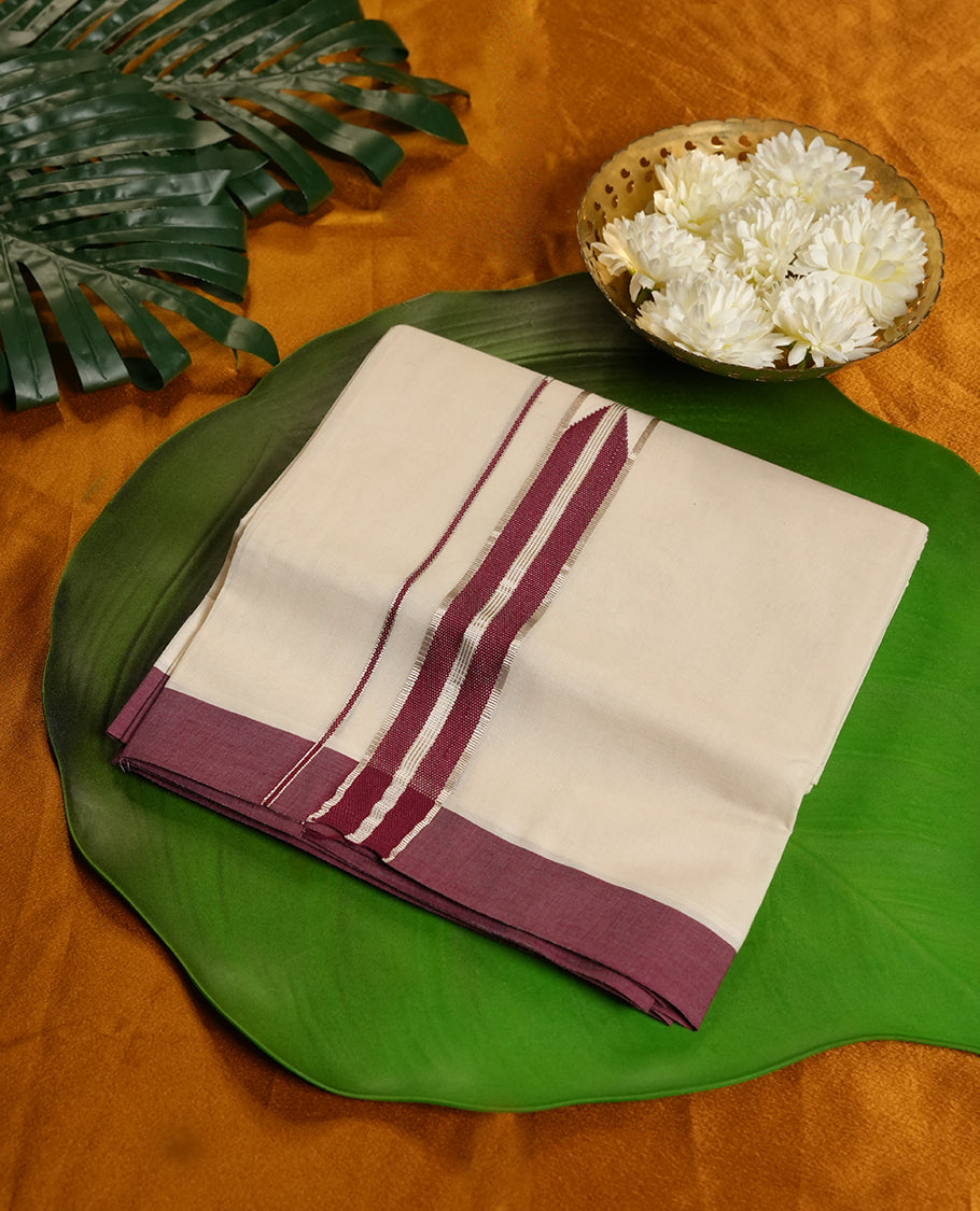 Cream Colour Pure Cotton double Dhoti with maroon and silver Colour with designer Border for Men