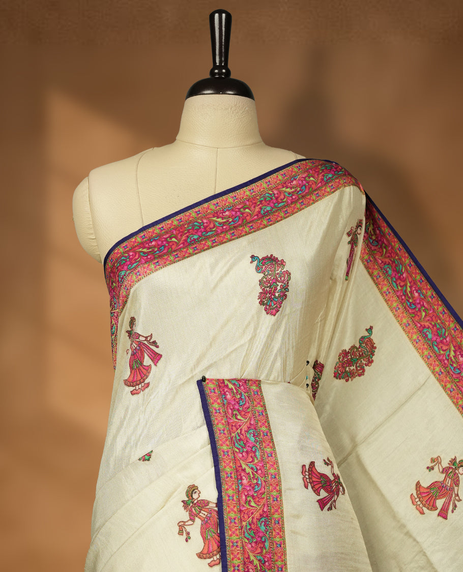 Cream Pashmina Silk Saree with Multicolor Kashmiri Embroidered Dancer and Peacock Motifs, Contrasting Pink-Blue Floral Zari Border, and Matching Blouse Piece