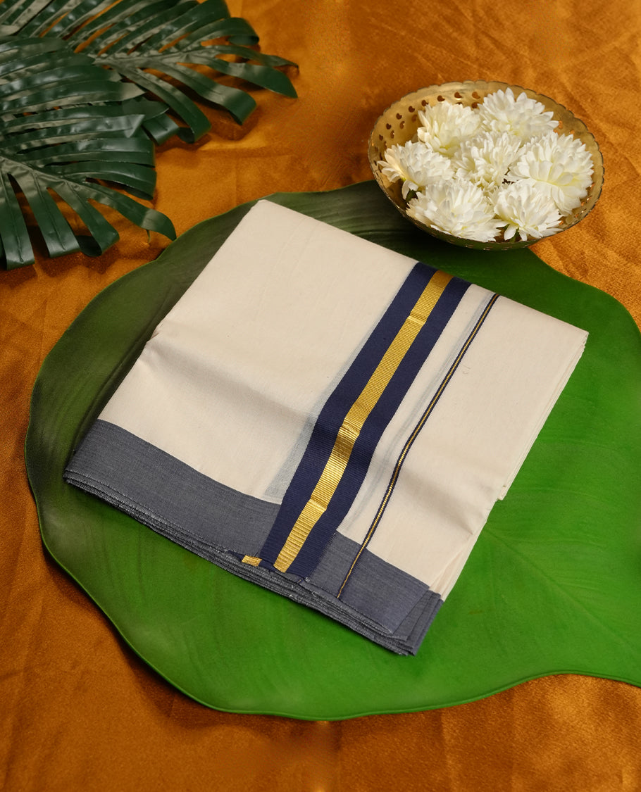 Cream Colour Pure Cotton double Dhoti with Dark blue and gold Colour Border for Men