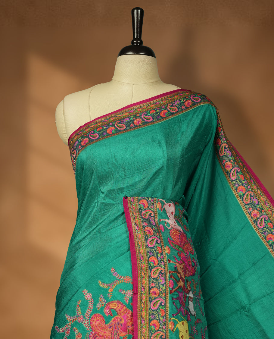 Teal Green Pashmina Silk Saree with Plain Body, Featuring Intricately Embroidered Multicolor Elephant and Peacock Motifs on Vibrant Pink-Gold Zari Border & Grand Pallu, Paired with Matching Blouse Piece