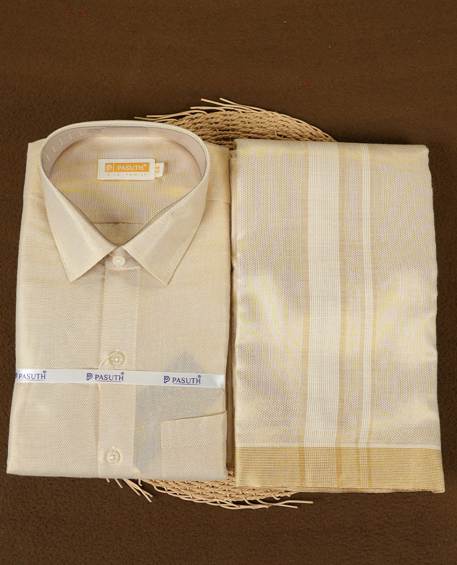 Gold color cross pattern shirt & dhoti set by PASUTHI with rich zari weave and elegant shin, Ideal for weddings, functions & festives.
