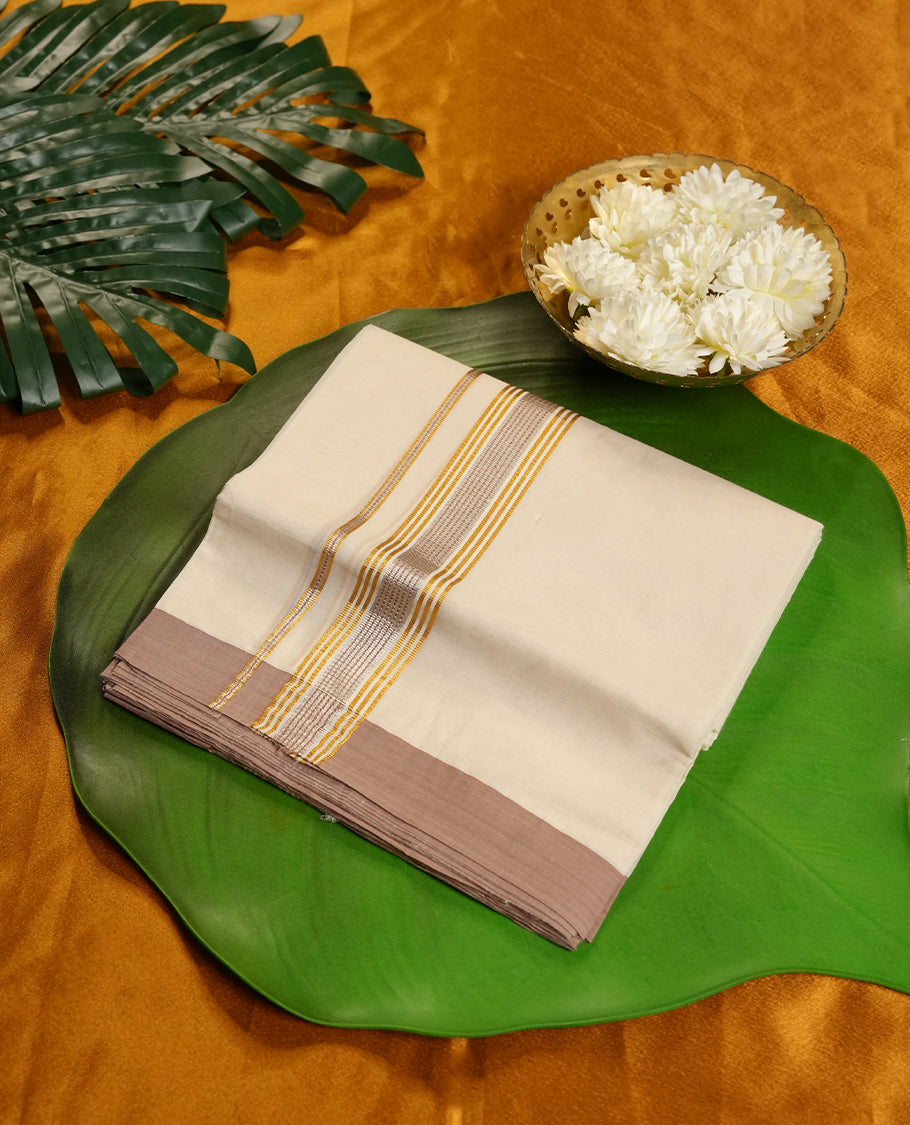 Cream Colour Pure Cotton double Dhoti with gold and silver with brown Colour Border for Men