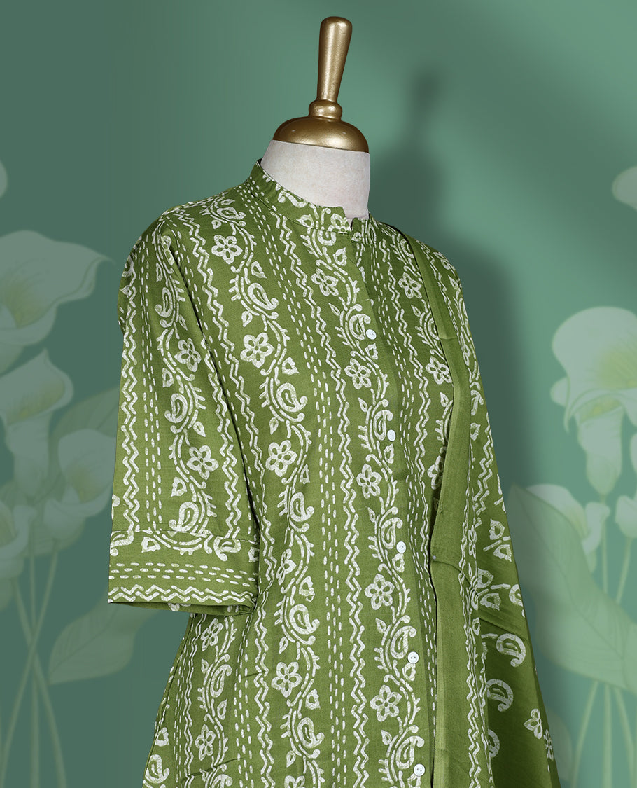 Olive colour churidar set featuring collar neckline, sleeves, and white floral printed across the body, Paired with a matching floral printed pattern dupatta