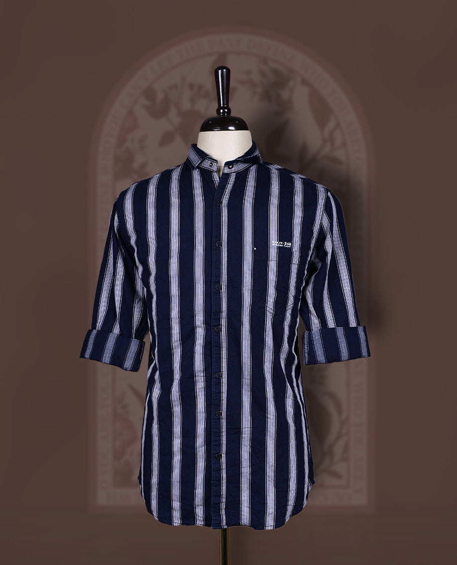 Navy blue colour katrai shirt with self stripes, crafted in breathable cotton, Features a mandarin collar and full sleeves, Smart, textured design perfect for casual or semi formal occasions.