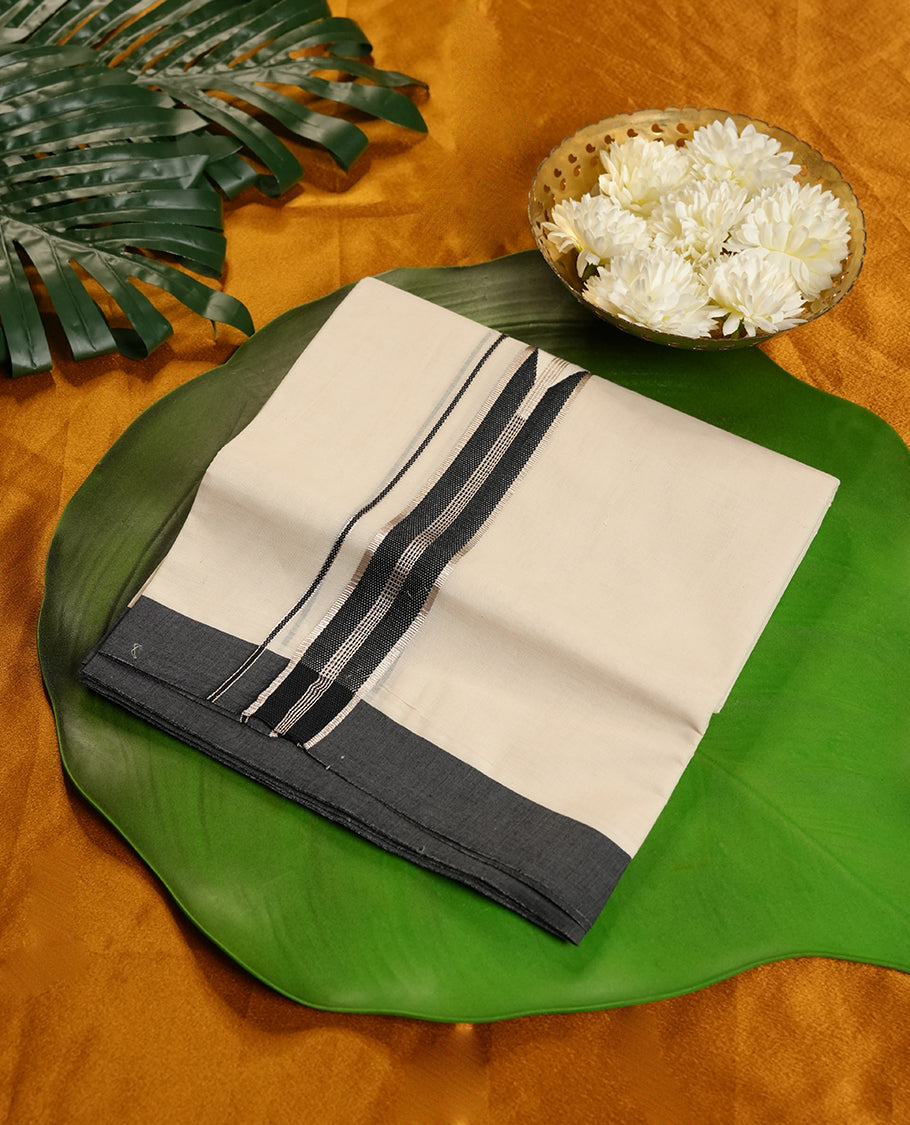 Cream Colour Pure Cotton double Dhoti with Black and silver Colour designer Border for Men