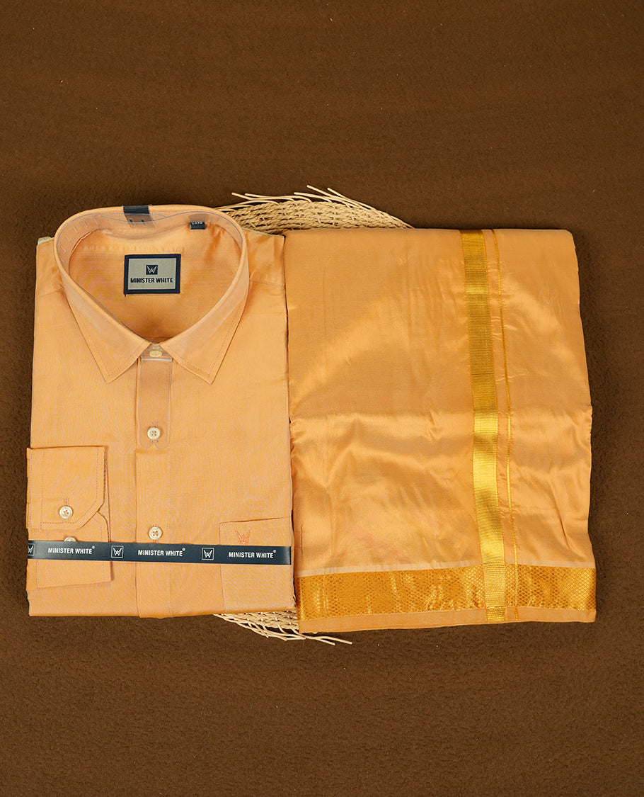 Dark Gold Colour tissue wedding shirt and dhoti set from MINISTER WHITE, adorned with a matching Gold zari border.