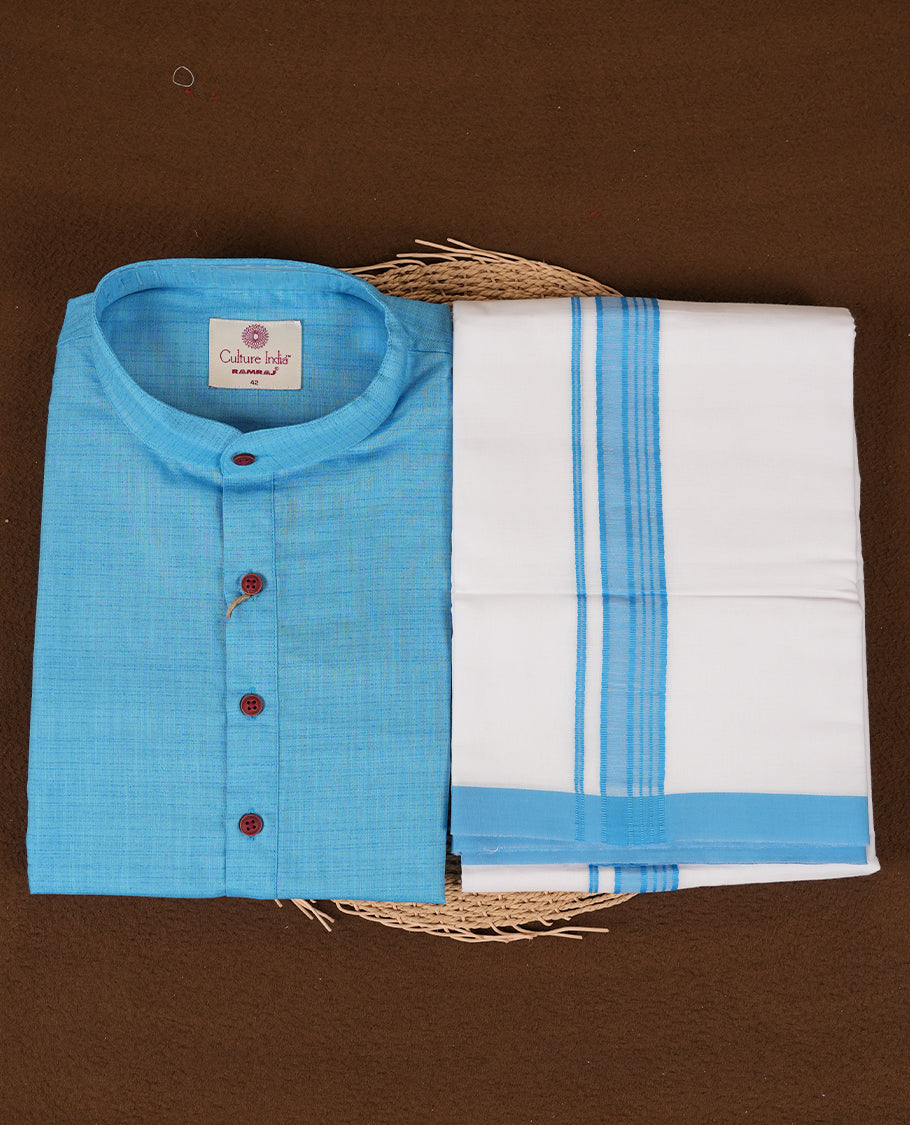 RAMRAJ Sky Blue Colour shirt paired with a matching dhoti, elegantly finished with a Sky Blue zari border.