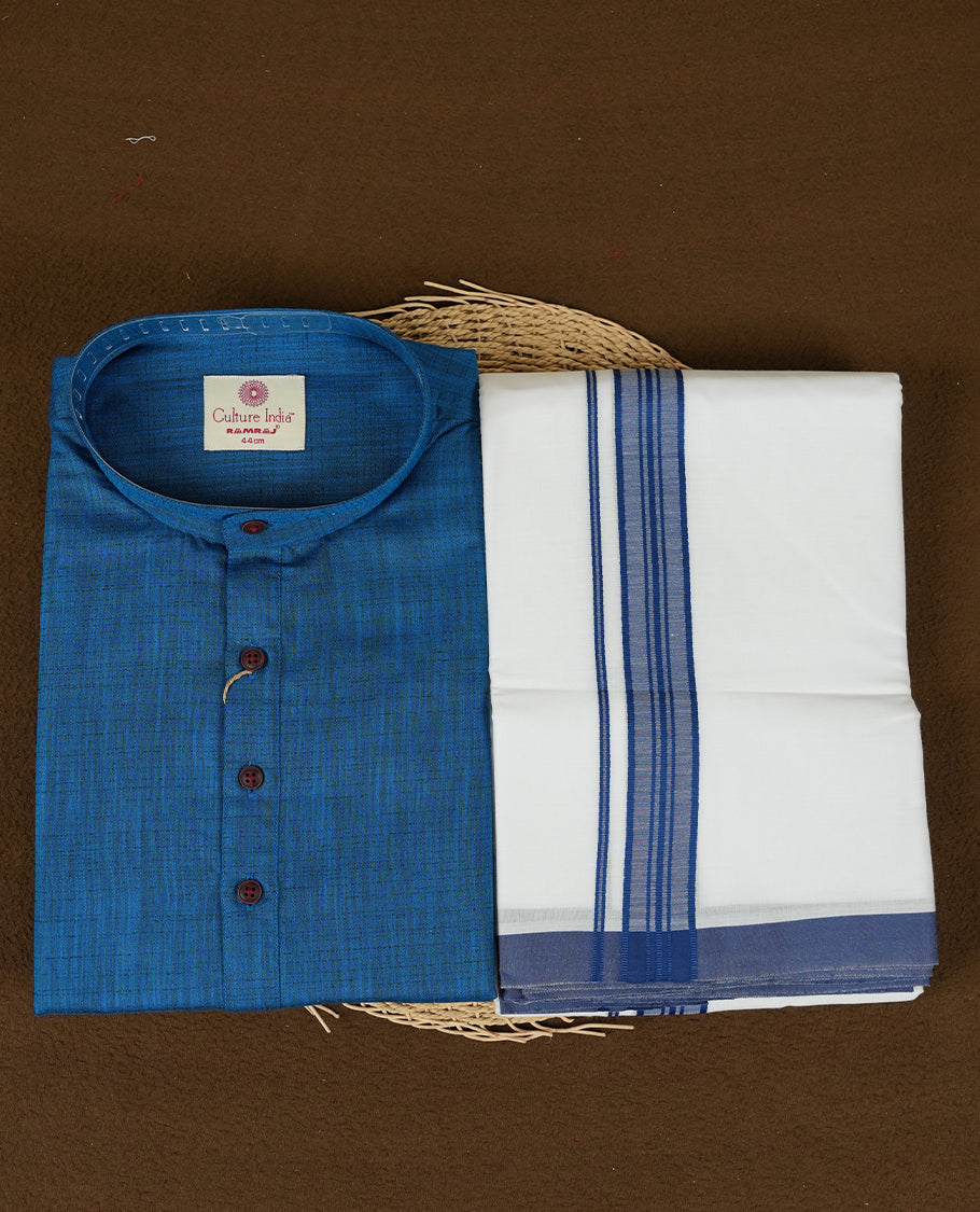 RAMRAJ Blue Colour shirt paired with a matching dhoti, elegantly finished with a Blue zari border.