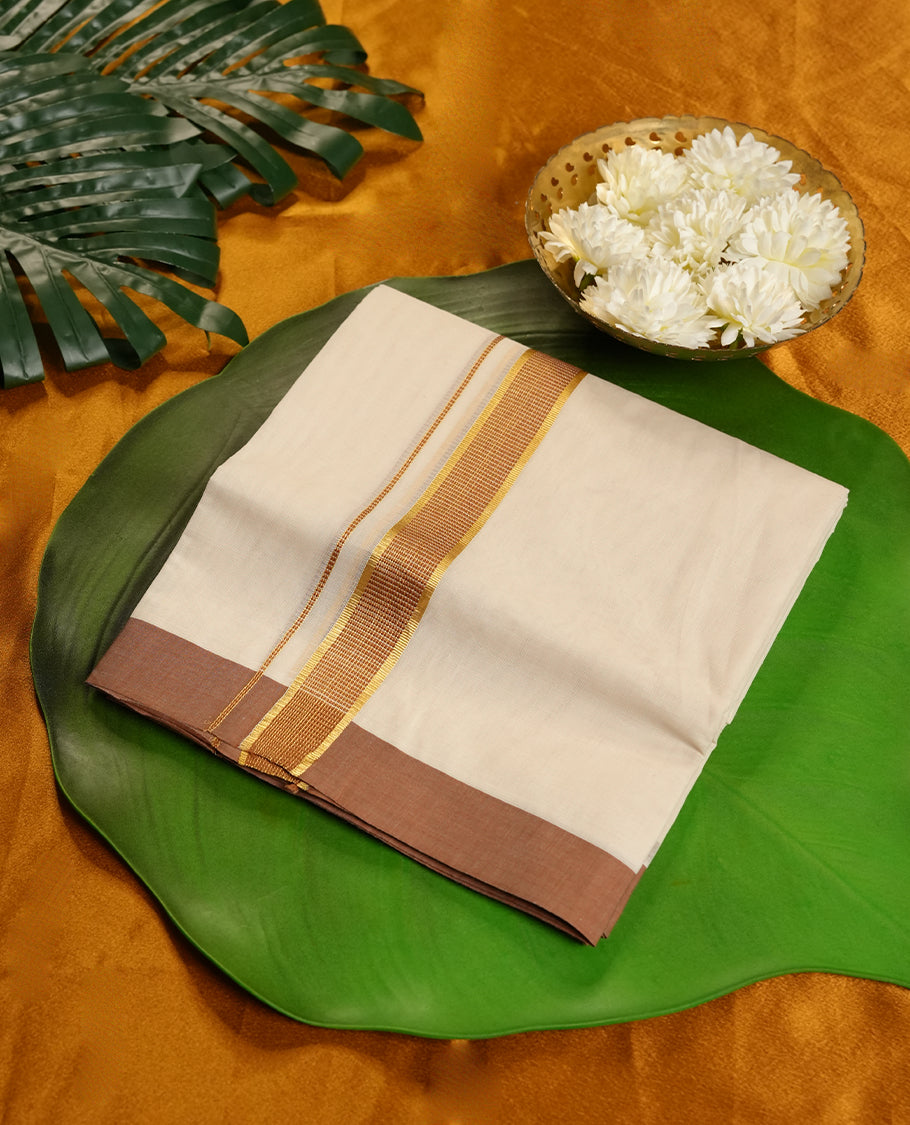Cream Colour Pure Cotton double Dhoti with Brown and gold Colour Border for Men