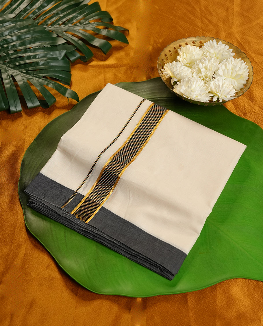 Cream Colour Pure Cotton double Dhoti with Black and gold Colour Border for Men