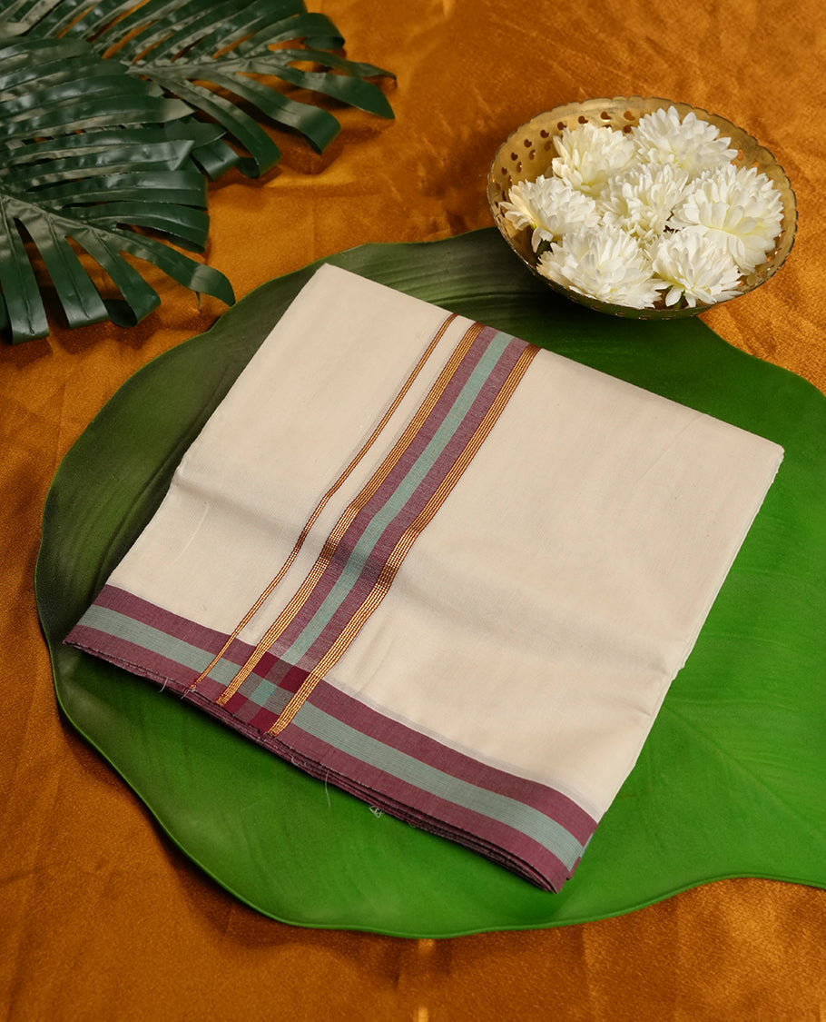 Cream Colour Pure Cotton double Dhoti with maroon, green and gold Colour Border for Men