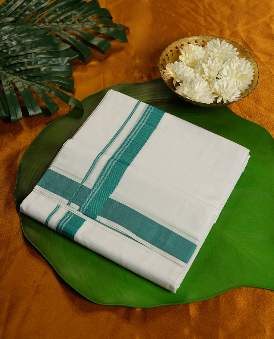 White Colour MCR Pure Cotton double Dhoti with green Colour Border for Men