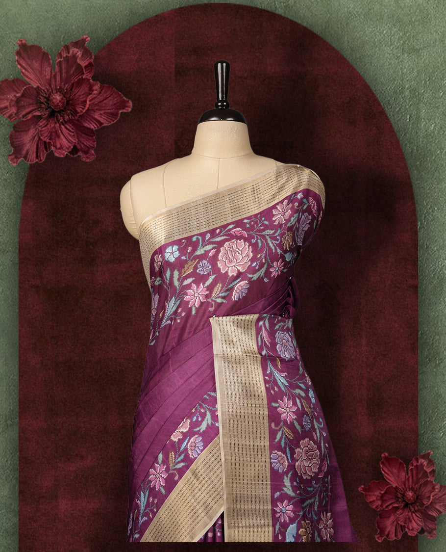 Onion pink colour Semi Tussar Silk saree with vibrant digital floral printed body and elegant Kandha work border & Paired with a matching blouse, it beautifully blends traditional craftsmanship with modern charm.