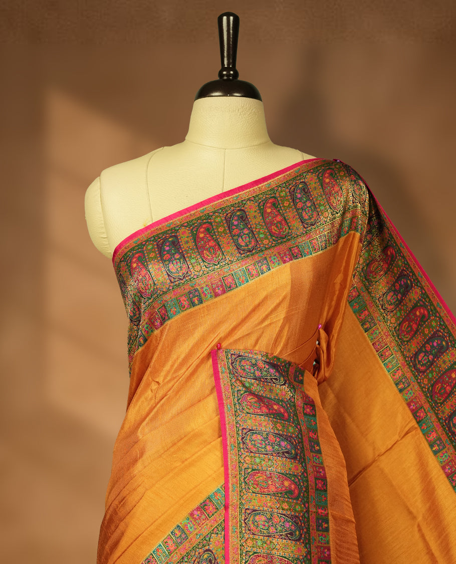 Orange Pashmina Silk Saree with Plain Body, Adorned with Intricate Multicolor Paisley and Floral Motifs on Elegant Pink-Green Zari Border & Rich Pallu, Paired with Matching Blouse Piece