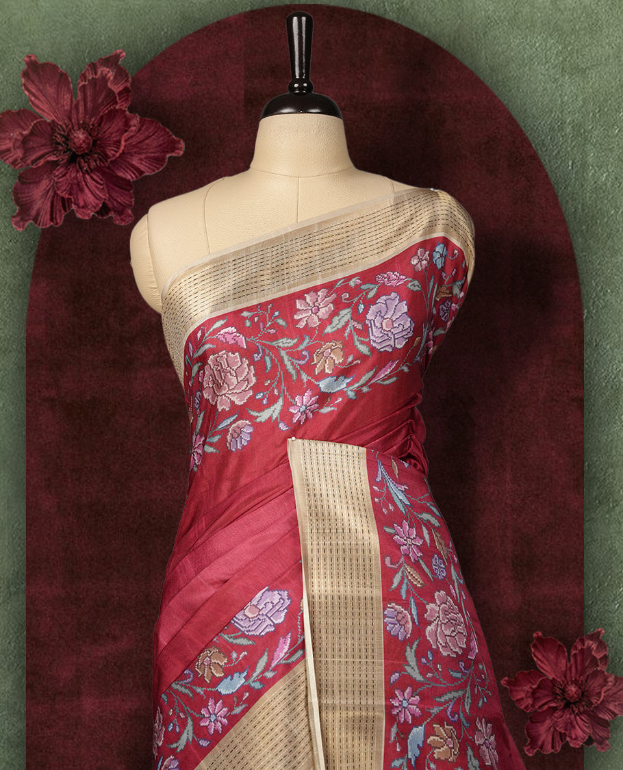 Maroon colour Semi Tussar Silk saree with vibrant digital floral printed body and elegant Kandha work border & Paired with a matching blouse, it beautifully blends traditional craftsmanship with modern charm.