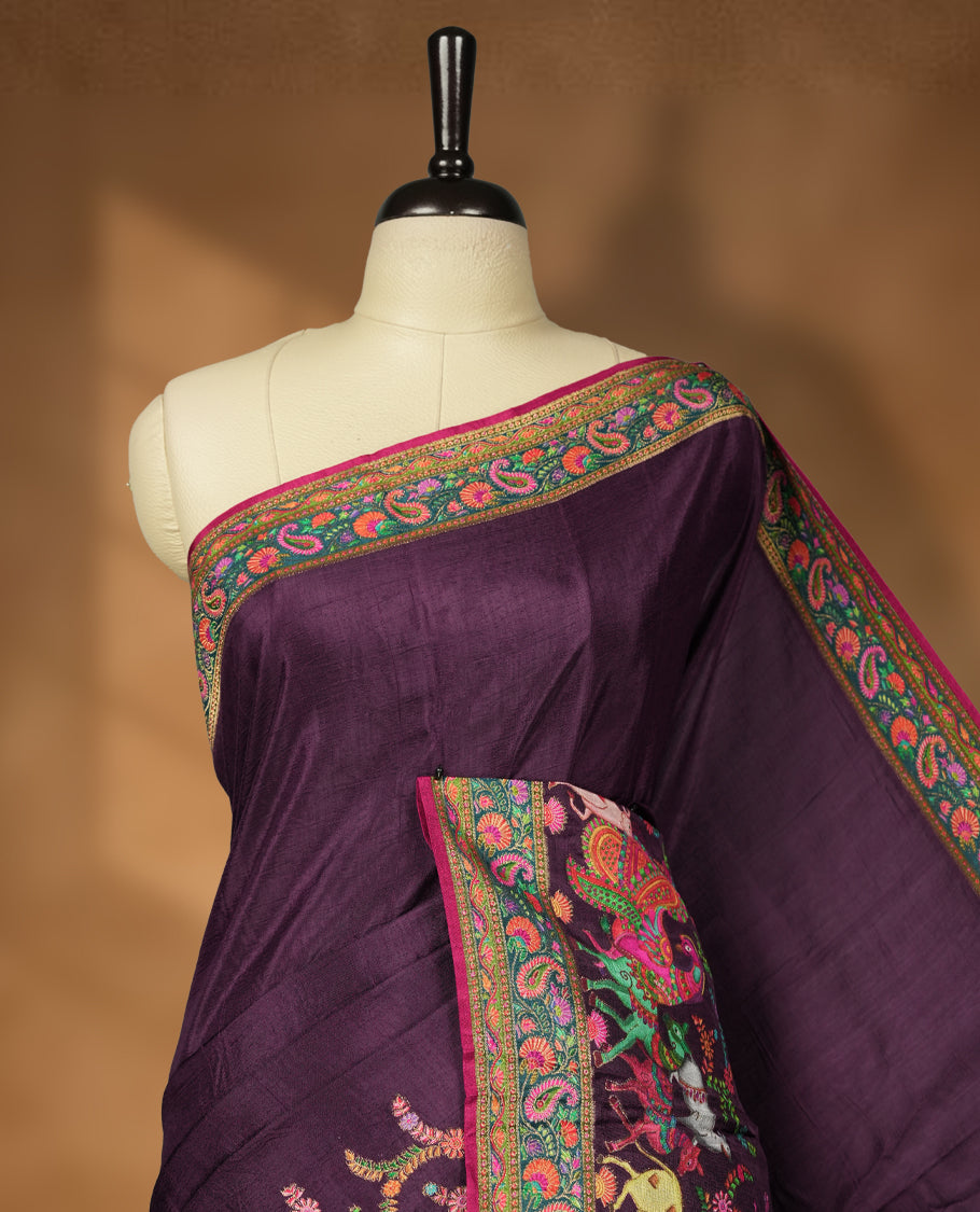 Plum Purple Pashmina Silk Saree with Plain Body, Intricate Multicolor Embroidered Paisley and Floral Motifs on Contrasting Green-Pink Zari Border & Pallu, Paired with Matching Blouse Piece