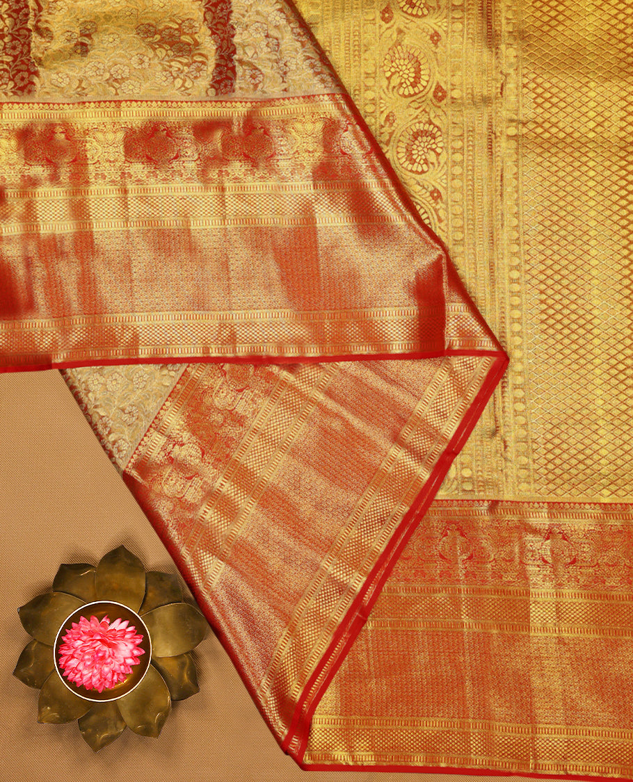 Golden Colour Pure Tissue Wedding Saree having Zari Jaal Body with Bright Red Brocade Border and Blouse