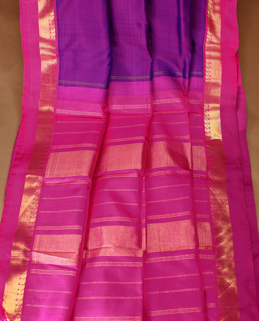 Double Shade Purple Colour Pure Kancheepuram Traditional Silk Saree having Plain Body with Contrast Border and Blouse