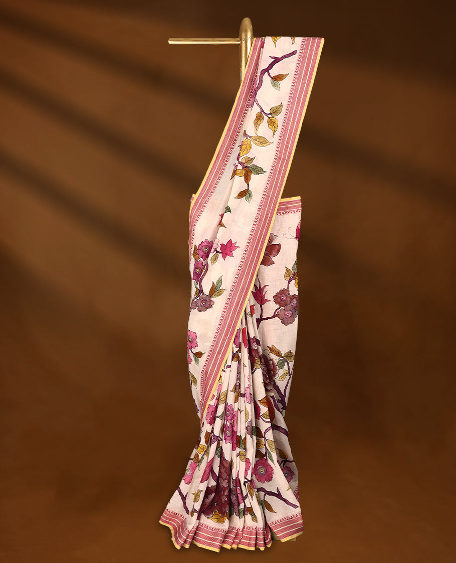 Off-white Colour lightweight khadi cotton saree featuring earthy-coloured digital floral kodi prints on the body and pallu, paired with a matching blouse.