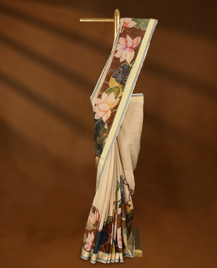 Beige and Brown Colour lightweight khadi cotton saree with earthy-coloured digital floral prints on the Body and pallu, paired with a matching blouse.