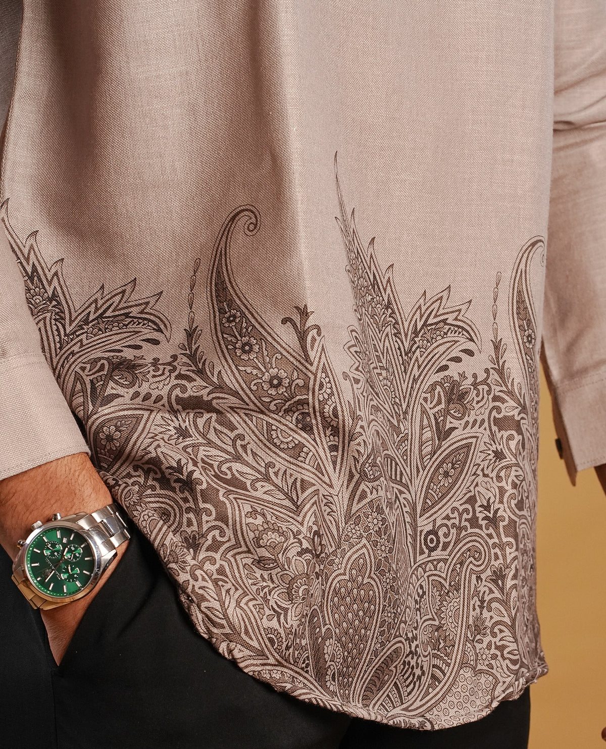 Greenish cream colour men's kurta featuring elegant Print on the body, complemented by sleeves for a refined and festive look.