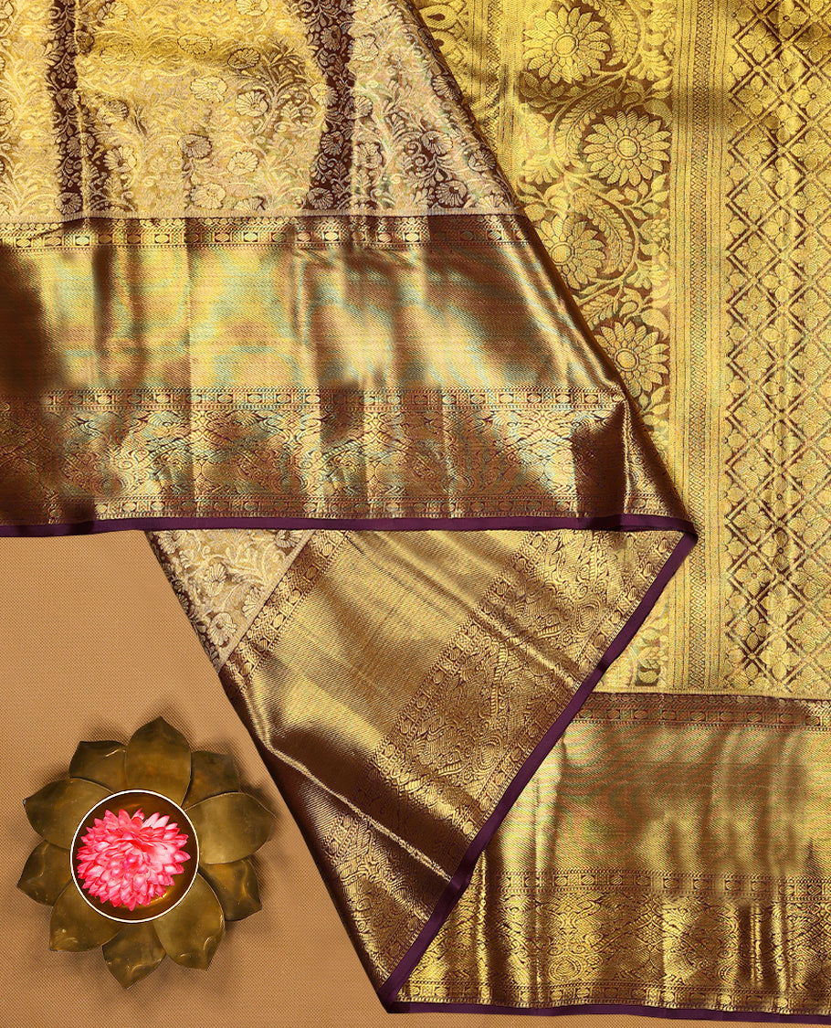 Golden Colour Pure Tissue Wedding Saree having Zari Jaal Body with Dark Grape Brocade Border and Blouse