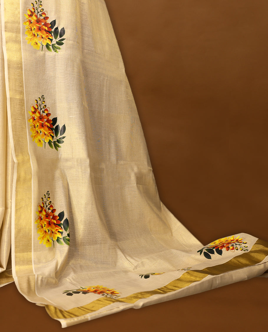 Kerala tissue saree with bright yellow floral Digital Prints and a soft golden Border with Contrast Blouse
