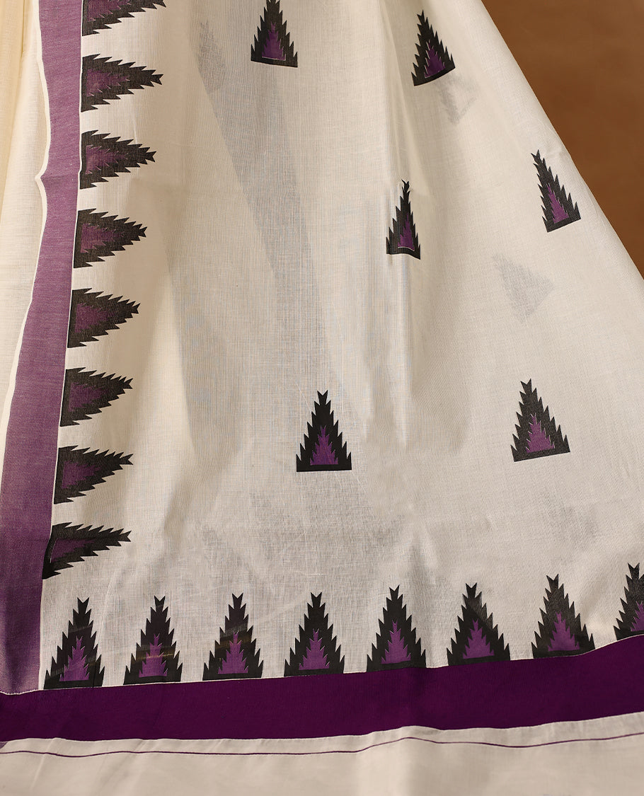 Elegant off white colour cotton Kerala saree featuring Plain body, Purple colour border with temple designs, Paired with matching blouse offering a classic and graceful look