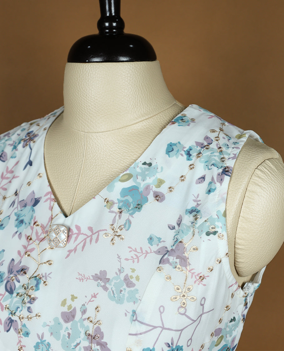 White Colour Readymade Sleeveless Top with Floral Jaal work For Women