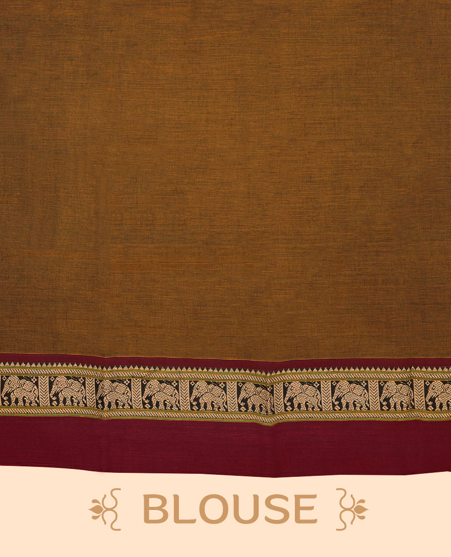 Dark Mustard Colour Mixed Chettinad Cotton Saree having Plain Body with Contrast Border and Self Coloured Blouse