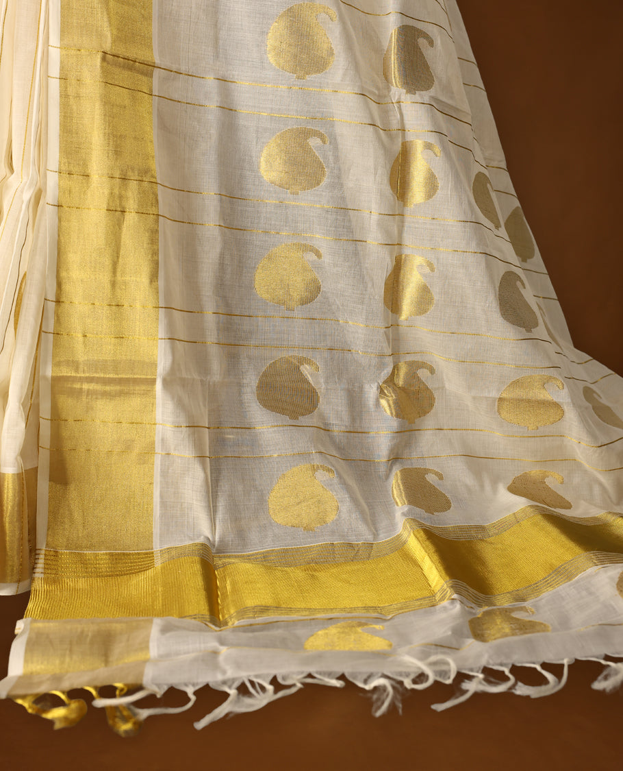 Elegant Pure handloom Kerala saree adorned with golden vertical stripes and traditional mango motifs, paired with a rich golden zari border & Comes with a matching blouse for a timeless ethnic look.